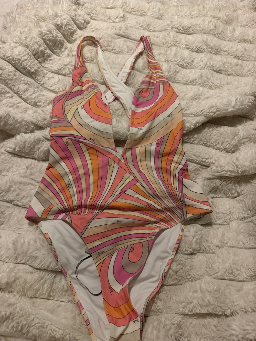 Emilio Pucci Pink, Orange, Cream & White Swirl One-Piece Swimsuit